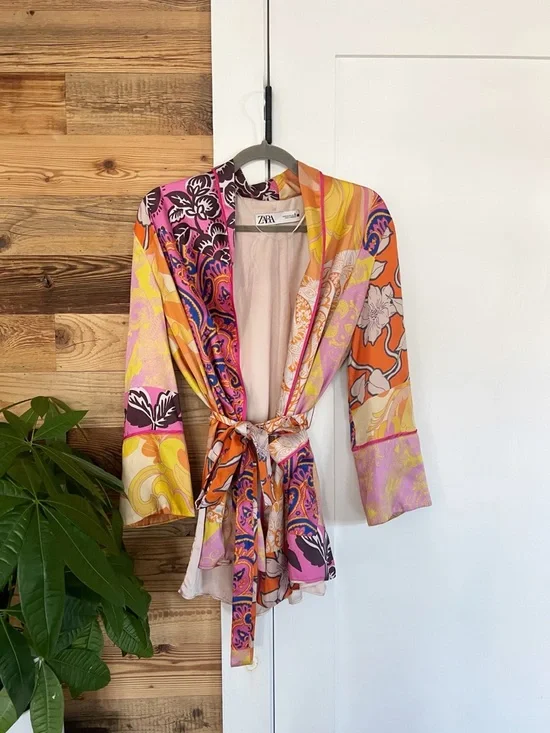 Zara Belted Multicolor Printed Kimono Jacket XS Oversized - Picture 5 of 8
